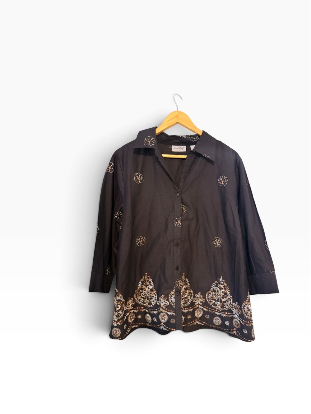 Coral bay 100% cotton black button up collar blouse top xl embroidered floral